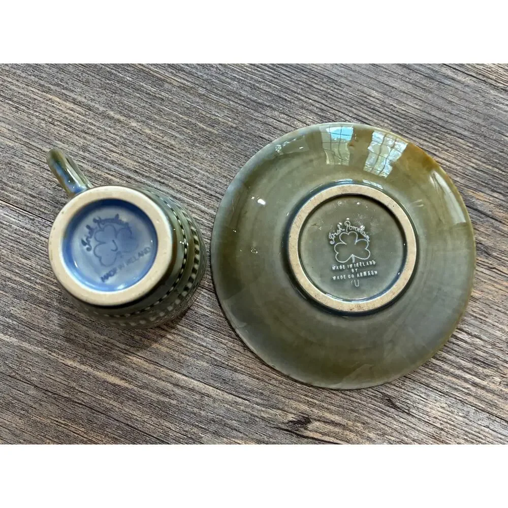 VTG Wade Co Armagh Irish Porcelain Green Demitasse Cup & Saucer Ireland Clover